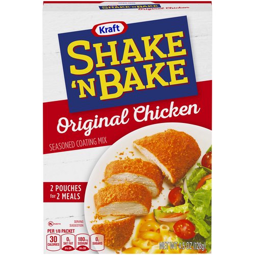 <ul>
<li>One 4.5 oz. box of Kraft Shake 'N Bake Original Chicken Seasoned Coating Mix</li>
<li>Kraft Shake 'N Bake Original Chicken Seasoned Coating Mix creates crispy chicken without frying</li>
<li>Add classic savory flavor to your chicken with perfectly seasoned coating mix</li>
<li>Ideal for chicken nuggets, crispy chicken sandwiches, chicken Parmesan and other dishes</li>
<li>Packaged in two pouches for more than one meal</li>
<li>Make a home cooked meal easily by coating and baking the chicken</li>
<li>Certified Kosher seasoned coating mix</li>
</ul>