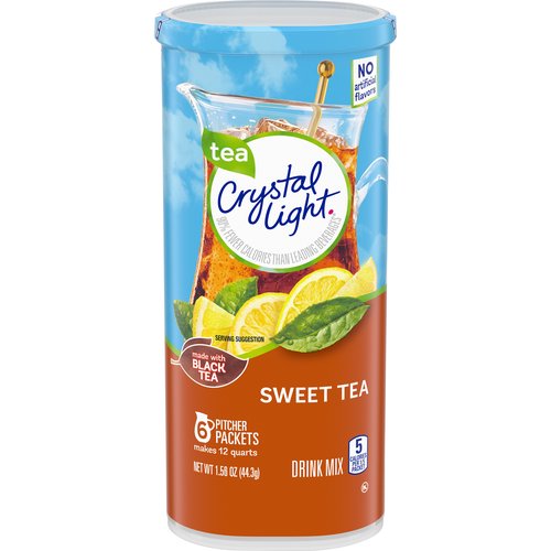 <ul>
<li>One 6 ct. canister of Crystal Light Naturally Flavored Sweet Tea Powdered Drink Mix</li>
<li>Crystal Light Naturally Flavored Sweet Tea Powdered Drink Mix delivers low calorie refreshment</li>
<li>Each pitcher packet makes 5 servings or one 2-quart pitcher</li>
<li>Made with zero sugar and 5 calories per serving for guilt-free refreshment</li>
<li>Made with real black tea</li>
<li>90 percent fewer calories than leading beverages; this product 5 calories, leading beverages 70 calories</li>
<li>Comes in a variety of sizes for all your beverage needs</li>
</ul>