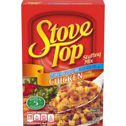 <ul>
<li>One 6 oz. box of Kraft Stove Top Lower Sodium Chicken Stuffing Mix</li>
<li>Kraft Stove Top Lower Sodium Chicken Stuffing Mix has 25% less sodium than regular Chicken Stove Top</li>
<li>Each box includes a dry, fully seasoned chicken stuffing mix</li>
<li>Made with real chicken broth</li>
<li>The perfect companion for stuffing a chicken</li>
<li>Versatile pantry staple; can be enjoyed as stuffing or as an ingredient in many dishes</li>
<li>Boxed stuffing ready in just 5 minutes</li>
</ul>