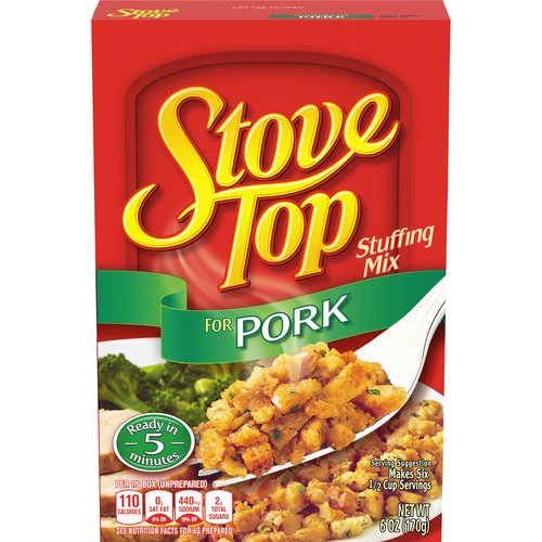 <ul>
<li>One 6 oz. box of Kraft Stove Top Pork Stuffing Mix</li>
<li>Share the savory goodness of Kraft Stove Top Pork Stuffing Mix with your family</li>
<li>Each box includes a dry, fully seasoned pork stuffing mix</li>
<li>Made with real herbs and spices</li>
<li>Use it for recipes such as Stove Top Easy Sausage Bake or Stuffing-Topped Pork and Apple Skillet</li>
<li>Versatile pantry staple; can be enjoyed as stuffing or as an ingredient in many dishes</li>
<li>Boxed stuffing ready in just 5 minutes</li>
</ul>