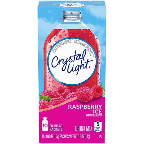 Crystal Light Artificially Flavored Raspberry Ice On-The-Go Powdered Drink Mix is a deliciously fruity drink you can enjoy anywhere. With zero grams of sugar and 5 calories per packet, Crystal Light fruit drink mix is a sweet alternative to juice and soda and has 90 percent fewer calories than leading beverages (this product 5 calories, leading beverages 70 calories), so you don't have to choose between taste and calories. Each 0.06 ounce individual packet in this 10 count box of powdered fruit drink mix fits easily in your bag, desk, or car, so you can enjoy a refreshing glass of Crystal Light anywhere. Simply empty one packet of powdered fruit drink mix into a bottle of water or a glass with 2 cups of water, shake or stir, and enjoy! All the flavor and only 5 calories per packet... just the way you like it.