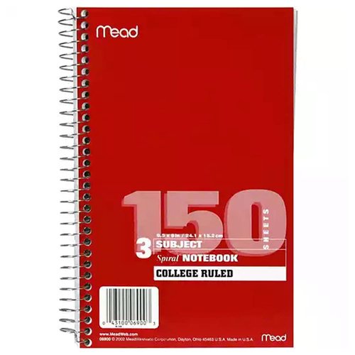 Mead 3 Subject Spiral Notebook, College Ruled