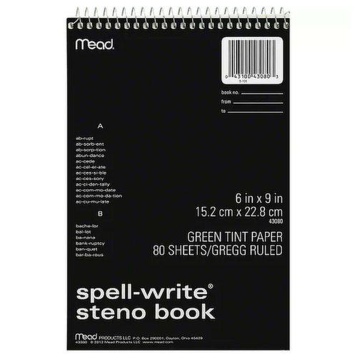 Mead Steno Book, Spell-Write, Green Tint, Gregg Ruled, 80 Sheets