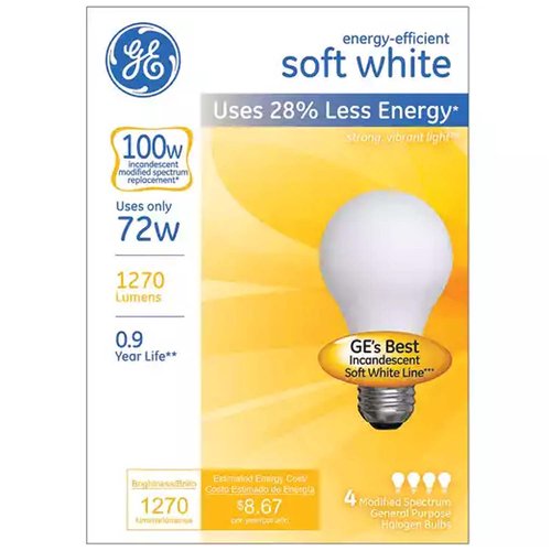 GE Halogen Bulbs, Energy Efficient Soft White 72 Watt General Purpose