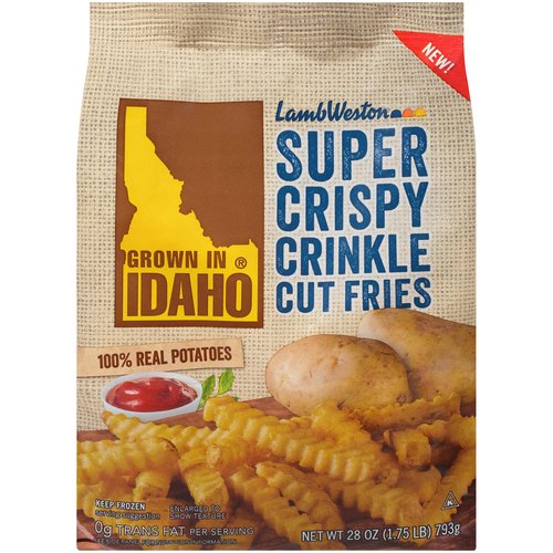 <ul>
<li>100% Real Potatoes</li>
<li>Grown in Idaho</li>
<li>Keep Frozen</li>
<li>0g Trans Fat per serving</li>
</ul>