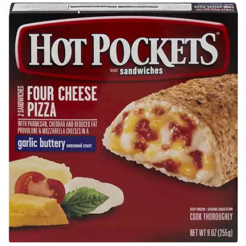 <ul>
<li>Four Cheese Pizza HOT POCKETS, 2 snacks in this box</li>
<li>Contains 10 grams of protein per sandwich</li>
<li>Made with 100% real cheese</li>
<li>Filled with parmesan, cheddar, and reduced-fat provolone and mozzarella, all wrapped in a garlic buttery crust</li>
<li>With just 2 minutes of cooking time in your microwave, HOT POCKETS are an easy and convenient snack</li>
</ul>