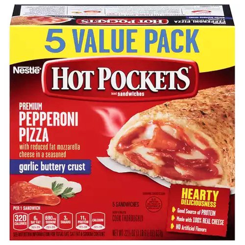 <ul>
<li>Premium Pepperoni Pizza HOT POCKETS, 5 snacks in this box</li>
<li>Contains 10 grams of protein per sandwich</li>
<li>Made with 100% real cheese</li>
<li>Filled with premium, sliced pepperoni and reduced-fat mozzarella cheese, all wrapped in a garlic buttery crust</li>
<li>With just 2 minutes of cooking time in your microwave, HOT POCKETS are an easy and convenient snack</li>
</ul>