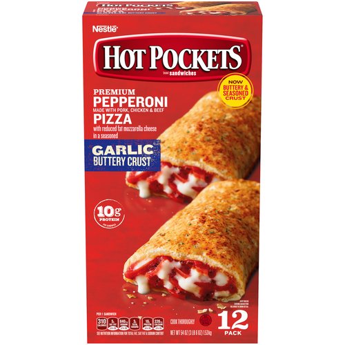 <ul>
<li>Premium Pepperoni Pizza HOT POCKETS, 12 snacks in this box</li>
<li>Contains 10 grams of protein per sandwich</li>
<li>Made with 100% real cheese</li>
<li>Filled with premium, sliced pepperoni and reduced-fat mozzarella cheese, all wrapped in a garlic buttery crust</li>
<li>With just 2 minutes of cooking time in your microwave, HOT POCKETS are an easy and convenient snack</li>
</ul>