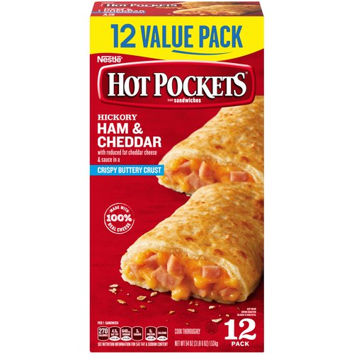 <ul>
<li>Hickory Ham & Cheddar HOT POCKETS, 12 snacks in this box</li>
<li>Contains 9 grams of protein per sandwich</li>
<li>Made with 100% real cheese</li>
<li>Filled with savory hickory ham and reduced-fat cheddar cheese and sauce, all wrapped in a crispy buttery crust</li>
<li>With just over 2 minutes of cooking time in your microwave, HOT POCKETS are an easy and convenient snack</li>
</ul>