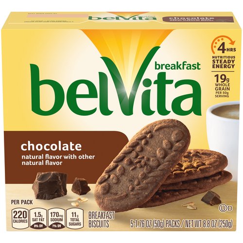 Lightly sweet and crunchy, belVita Chocolate Breakfast Biscuits are made with wholesome ingredients. A simple addition to your morning breakfast food, these wholesome chocolate breakfast cookies contain no high-fructose corn syrup and no artificial flavors or sweeteners. Each individual pack contains 4 breakfast bars for you to enjoy as an instant breakfast wherever you are.
<br><br>
Keep cool and dry
<br><br>
Ingredients: Whole Grain Wheat Flour, Enriched Flour [Wheat Flour, Niacin, Reduced Iron, Thiamin Mononitrate (Vitamin B1), Riboflavin (Vitamin B2), Folic Acid], Sugar, Canola Oil, Whole Grain Rolled Oats, Semi-Sweet Chocolate (Sugar, Chocolate, Dextrose, Cocoa Butter, Soy Lecithin, Vanilla Extract), Whole Grain Rye Flour, Cocoa Processed With Alkali, Baking Soda, Disodium Pyrophosphate, Salt, Soy Lecithin, Natural Flavor, Datem, Ferric Orthophosphate (Iron), Niacinamide, Pyridoxine Hydrochloride (Vitamin B6), Riboflavin (Vitamin B2), Thiamin Mononitrate (Vitamin B1).