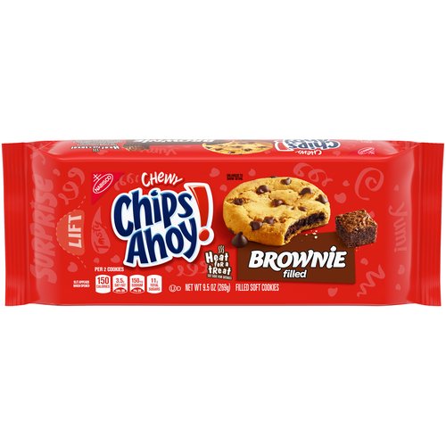 CHIPS AHOY! Chocolate Chip Brownie Filled Chewy Cookies are the cookies you know and love, baked to be soft and chewy with brownie filling and chocolate chips. Enjoy the comforting taste of soft chocolate chip cookies with a chewy brownie center. Make lunches at school or work more exciting by including CHIPS AHOY! brownie cookies. The lift tab makes these soft cookies easy to open and close.
<br><br>
Keep cool and dry
<br><br>
Ingredients: Unbleached Enriched Flour (Wheat Flour, Niacin, Reduced Iron, Thiamine Mononitrate {Vitamin B1}, Riboflavin {Vitamin B2}, Folic Acid), Sugar, Palm Oil, Invert Sugar, Cocoa (Processed With Alkali), Corn Syrup, Palm And Palm Kernel Oil, Water, Whey, Glycerol, Cornstarch, Leavening (Baking Soda, Ammonium Phosphate), Salt, Dextrose, Sodium Stearoyl Lactylate, Soy Lecithin, Milk, Natural And Artificial Flavor, Caramel Color.