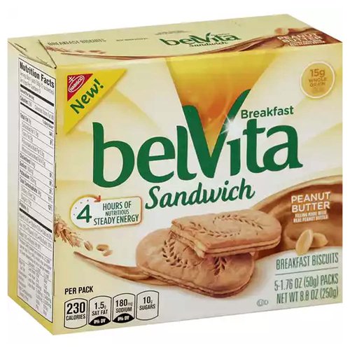 belVita Sandwich Peanut Butter Breakfast Biscuits, 5 Packs (2 Sandwiches Per Pack)