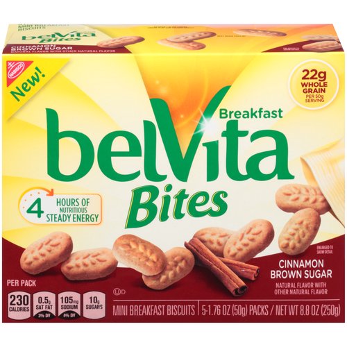 Mini is making its way into your morning with these belVita Cinnamon Brown Sugar Mini Breakfast Biscuit Bites. Made with a combination of whole grains, belVita Bites are gently baked to provide up to 4 hours of steady energy. Portioned in convenient snack packs, these mini Bites are wholesome breakfast snacks. Each box of breakfast bites contains 5 cookie snack packs.
<br><br>
Keep cool and dry
<br><br>
Ingredients: Whole Grain Wheat Flour, Enriched Flour [Wheat Flour, Niacin, Reduced Iron, Thiamin Mononitrate (Vitamin B1), Riboflavin (Vitamin B2), Folic Acid], Sugar, Canola Oil, Whole Grain Rye Flour, Brown Sugar, Whole Grain Rolled Oats, Invert Sugar, Malt Syrup (From Corn And Barley), Soy Lecithin, Baking Soda, Cinnamon, Salt, Disodium Pyrophosphate, Natural Flavor, Ferric Orthophosphate (Iron), Niacinamide, Pyridoxine Hydrochloride (Vitamin B6), Molasses, Riboflavin (Vitamin B2), Thiamin Mononitrate (Vitamin B1).