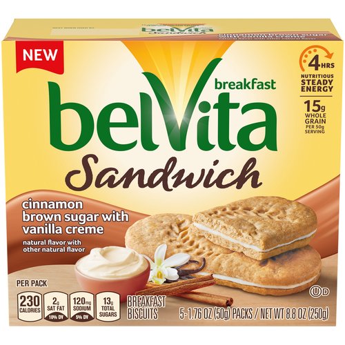 A Better Breakfast
<br><br>
Made with whole grains and other real ingredients, belVita Breakfast Biscuit Sandwiches jumpstart days the wholesome way. They’re baked to provide 4 hours of nutritious steady energy. 
<br><br>
Add this package of belVita Cinnamon Brown Sugar & Vanilla Creme Flavor Breakfast Biscuit Sandwiches to your cart for easy morning nourishment.
<br><br>
Keep cool and dry.
<br><br>
Ingredients: Whole Grain Wheat Flour, Enriched Flour [Wheat Flour, Niacin, Reduced Iron, Thiamin Mononitrate (Vitamin B1), Riboflavin (Vitamin B2), Folic Acid], Sugar, Canola Oil, Palm Oil, Whole Grain Blend (Rolled Oats, Rye Flakes), Brown Sugar, Wheat Starch, Polydextrose, Malt Syrup (From Corn And Barley), Oligofructose, Soy Lecithin, Baking Soda, Salt, Disodium Pyrophosphate, Cinnamon, Natural Flavor, Datem, Ferric Orthophosphate (Iron), Niacinamide, Molasses, Pyridoxine Hydrochloride (Vitamin B6), Riboflavin (Vitamin B2), Thiamin Mononitrate (Vitamin B1).