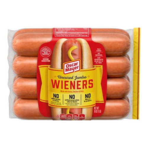 <ul>
<li>One 8 ct. pack of Oscar Mayer Uncured Jumbo Wieners</li>
<li>Oscar Mayer Uncured Jumbo Wieners are made with turkey, chicken and pork</li>
<li>Uncured jumbo wieners contain no artificial preservatives, colors or flavors</li>
<li>Contain no added nitrates or nitrites, except those occurring naturally in celery juice and made with no by-products</li>
<li>Fully cooked jumbo hot dogs deliver a juicy bite</li>
<li>Serve with your favorite toppings, including ketchup and mustard or relish and onions</li>
<li>Packaged in a vacuumed-sealed pack to lock in flavor</li>
</ul>