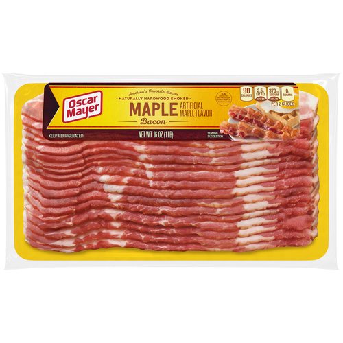 <ul>
<li>One 16 oz. package of Oscar Mayer Naturally Hardwood Smoked Maple Bacon</li>
<li>Enjoy the perfect juicy taste of Oscar Mayer Naturally Hardwood Smoked Maple Bacon</li>
<li>Naturally smoked with real Wisconsin hardwoods for a delicious smoky taste</li>
<li>Made from pork raised without hormones</li>
<li>Carefully selected cuts are hand-trimmed to ensure premium quality</li>
<li>Maple flavored bacon is perfect for adding to your favorite recipes</li>
<li>Keep package of bacon refrigerated to preserve freshness</li>
</ul>