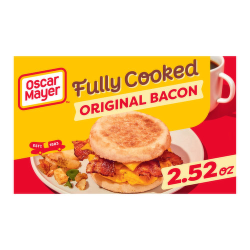 <ul>
<li>One 2.52 oz. box of Oscar Mayer Fully Cooked Original Bacon</li>
<li>Oscar Mayer Fully Cooked Original Bacon lets you have bacon any time, any day, anywhere</li>
<li>Smoked with natural hardwoods for a great tasting, signature bacon flavor</li>
<li>Made from pork raised without hormones</li>
<li>Carefully selected cuts of 100% real bacon to ensure premium quality</li>
<li>Elevate any sandwich with juicy strips of bacon</li>
<li>Resealable plastic pouch keeps refrigerated bacon slices fresh</li>
</ul>