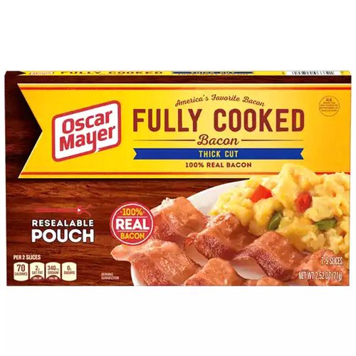 <ul>
<li>1- 2.52 oz. box of Oscar Mayer Fully Cooked Thick Cut Bacon</li>
<li>Oscar Mayer Fully Cooked Thick Cut Bacon is ready-to-eat and easy to prepare</li>
<li>Flavorful thick sliced bacon is smoked for a premium flavor</li>
<li>100% real bacon made from carefully selected pork cuts</li>
<li>Smoked using natural hardwoods for a great taste</li>
<li>Made with pork raised without hormones</li>
<li>Packaged in a resealable plastic pouch to maintain freshness</li>
</ul>