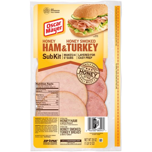 <ul>
<li>One 28 oz. Oscar Mayer Honey Ham & Honey Smoked Turkey Sub Kit</li>
<li>Oscar Mayer Honey Ham & Honey Smoked Turkey Sub Kit contains quality lunch meat for everyone in the family</li>
<li>Contains 60 calories per serving</li>
<li>Fully cooked sliced ham and turkey have a rich, honey flavor</li>
<li>Sliced ham and turkey are the perfect addition to any deli sandwich</li>
<li>Add a few slices of deli turkey breast and ham to sandwiches, salads or cheese and crackers</li>
<li>Keep refrigerated in resealable Zip-pack</li>
</ul>