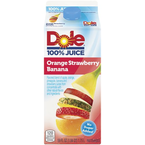 <ul>
<li>100% Orange, Strawberry & Banana Juice</li>
<li>An excellent source of Vitamin C</li>
<li>No high fructose corn syrup</li>
<li>No added sugar or sweeteners</li>
<li>No artificial flavors</li>
</ul>