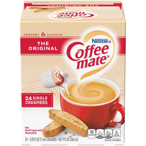 <ul>
<li>Coffee mate The Original Liquid Creamer delivers a rich, smooth taste that takes your coffee beyond good
<li>Stir in the rich, smooth taste anytime for a classic cup that’s non-dairy, lactose-free, and cholesterol-free
<li>Whether you’re sharing with a friend or taking a moment to recharge, Coffee mate The Original is the perfect way to wake up your cup</li>
<li>Add in the right amount of flavor to suit your taste and transform your coffee into flavorful deliciousness</li>
<li>Package contains 24 single-creamer tubs</li>
</ul>