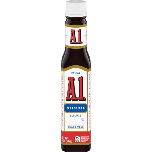 <ul>
<li>One 5 oz. bottle of A.1. Original Steak Sauce</li>
<li>A.1. Original Steak Sauce delivers bold flavor to your favorite dishes</li>
<li>Made with a mouthwatering blend of tomatoes, garlic, crushed oranges and an intricate mix of spices</li>
<li>Classic sauce pairs well with steak, chicken, beef or pork</li>
<li>Pour sauce over meat, or use as a dipping sauce</li>
<li>Create tasty pork chops, grilled steak or chicken wings</li>
<li>Resealable bottle to help lock in flavor</li>
</ul>