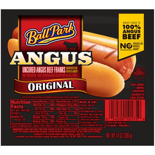 <ul>
<li>One pack of 8 Original Length Angus Beef Hot Dogs</li>
<li>Made with 100% Angus Beef</li>
<li>No added nitrites or nitrates, except for those naturally occurring in sea salt and celery juice powder</li>
<li>No by-products or fillers</li>
<li>No artificial colors or flavors</li>
<li>Perfect for cookouts and barbecues</li>
</ul>