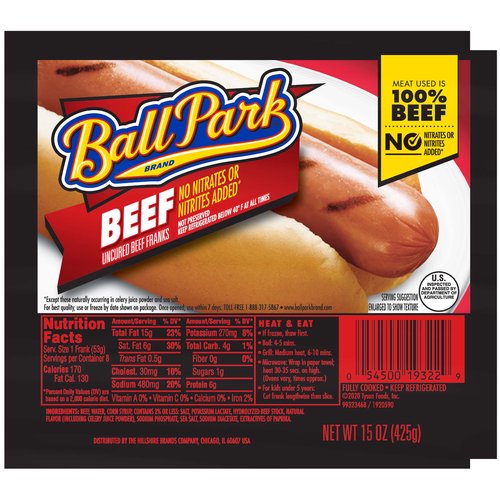 <ul>
<li>One pack of 8 Original Length Ball Bark Beef Hot Dogs</li>
<li>Made with 100% Beef</li>
<li>No added nitrites or nitrates, except for those naturally occurring in sea salt and celery juice powder</li>
<li>No by-products or fillers</li>
<li>No artificial colors or flavors</li>
<li>Perfect for cookouts and barbecues</li>
</ul>