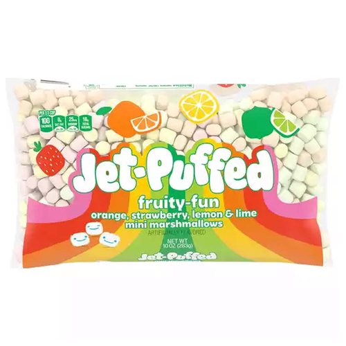 <ul>
<li>Jet-Puffed FunMallows Miniature Marshmallows are a delicious and versatile dessert topping</li>
<li>Miniature fruit flavored marshmallows are bursting with orange, strawberry, lemon and lime flavors</li>
<li>One 10 oz. bag of Jet-Puffed FunMallows Miniature Marshmallows</li>
<li>Has 0 gram of trans fat and 0 gram of total fat per serving</li>
<li>Try using fruity mini marshmallows to make a tropical ambrosia salad</li>
<li>Enjoy miniature marshmallows on their own as a fat-free snack</li>
<li>Packaged in a sealed bag for lasting freshness until you're ready to enjoy</li>
</ul>