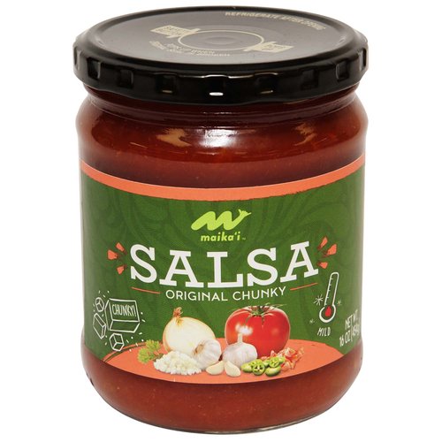 Made by a family-owned company in Fort Worth, Texas, batch-by-batch, our Maika`i salsas are available in 6 great tasting and fun flavors!
It’s the perfect pairing with our Maika`i Organic Tortilla Chips, Hand-Cut Potato Chips or as a sauce for grilled fish, chicken or meats.
Our salsas are the perfect “foundation” for the “made from scratch” cooks. Add fresh, chopped cilantro, pineapple or mango as a topper for grilled fish, chicken or meats.