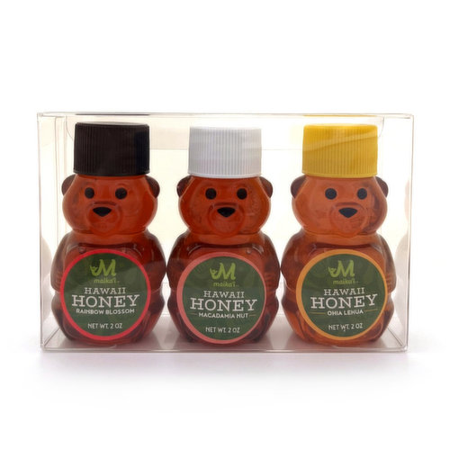 Our Maika’i Mini Honey Bear Trio is a great way to try 3 different varieties of local honey!  Each trio comes with Ohia Lehua, Macadamia Nut, and Rainbow Blossom honey.

Each honey flavor is harvested from bee hives on the Big Island of Hawaii.