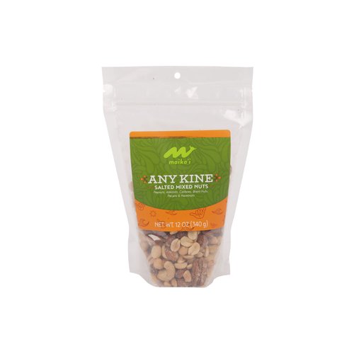 Any Kine Salted Mixed Nuts (Roasted Salted Mixed Nuts, with Peanuts) – Roasted salted almonds, Brazil nuts, roasted salted cashews, roasted pecans, raw blanched Filberts (hazelnuts), and roasted salted Virginia peanuts. Product of USA, Peru, and/or Turkey, 0g added sugars.