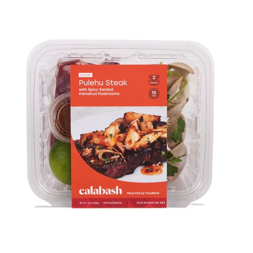Steak coated in our signature Pulehu Spice and pan-seared with Hawaii-grown Hamakua mushrooms and sambal butter is a deliciously indulgent dinner.<br><br>
<b>CALABASH INGREDIENTS</b><br>
<ul>
<li>Hamakua mushrooms</li>
<li>Shallot</li>
<li>Lime</li>
<li>Italian parsley</li>
<li>Sirloin steak</li>
<li>Pulehu Spice</li>
<li>Spicy Sambal Butter</li></ul>
<b>YOU’LL ALSO NEED</b><br>
<ul>
<li>Salt and pepper</li>
<li>Olive oil</li></ul>
<b>SUPPLIES</b><br>
<ul>
<li>Large Nonstick Frying Pan (12”)</li></ul>
<b>INSTRUCTIONS</b><br>
<ol>
<li>Wash and dry produce. Keep ingredients separate.</li>
<li>Halve and slice Hamakua mushrooms lengthwise. Halve and peel shallot; slice. Quarter lime; juice two quarters; reserve remainder. Pick Italian parsley leaves from stems, chop; discard stems.</li>
<li>Pat steak dry with paper towel. Rub Pulehu Spice evenly on both sides of steak. Heat 1 tablespoon olive oil in a large frying pan over medium-high heat. Place steaks in pan and cook to desired doneness, at least 2 minutes per side. Set aside to let rest on cutting board.</li>
<li>In the same pan, over medium heat, warm another tablespoon of olive oil. Add shallots and cook until fragrant, about 30 seconds. Add Hamakua mushrooms. Cook, tossing occasionally, until golden brown, about 3 minutes. Add Spicy Sambal Butter. Season with salt and pepper as desired and add a pinch of chopped parsley. Remove from heat and finish with lime juice. </li>
<li>Thinly slice the steak against the grain; divide steaks between two plates. Top with Hamakua mushrooms and drizzle with butter-pan sauce. Garnish with remaining parsley and lime wedges.</li></ol>