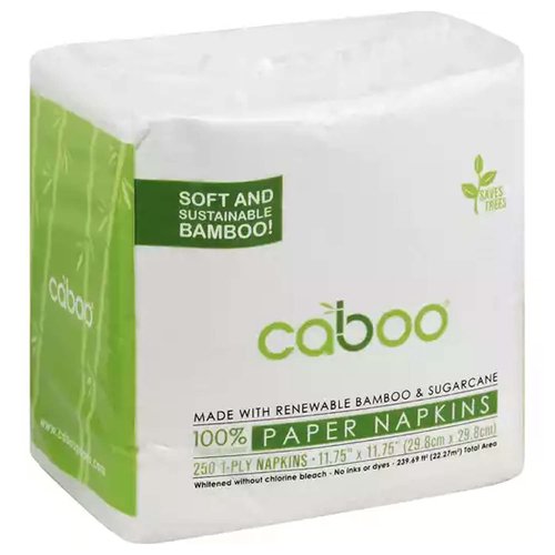 11.75 inch x 11.75 inch. Soft and sustainable bamboo! Saves trees. Made with renewable bamboo & sugarcane. 100% biodegradable. Whitened without chlorine bleach. No inks or dyes. Fast growing. Biodegradable. Renewable. Luxuriously soft. Caboo is a sustainable alternative to conventional paper made from trees. Sugarcane and bamboo are some of the fastest growing grasses on earth which do not require re-planting. Scan the QR code to watch a video showing the environmental advantages of Caboo products and see how they are made. www.Caboopaper.com. Panda Friendly: The variety of bamboo used in Caboo is not a food source for panda bears. Caboo has no effect on the habitat of panda bears. Registered ISO 14001: Caboo's production facility is ISO environmental standard registered. Our raw materials, sugarcane and bamboo, are harvested from the renewable forests of Thailand and Western China. Made in China.


