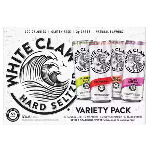 White Claw Hard Seltzer variety pack with natural lime, raspberry, ruby grapefruit & black cherry spiked sparkling water.

The perfect blend of seltzer water, the cleanest tasting alcohol base, and a hint of fruit.

5% ABV
100 Calories
Low Carb
Gluten Free
All natural flavors