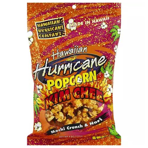Mochi crunch & nori. Hawaiian Hurricane Popcorn was first created back in 1991 in quiet Kaneohe located below the beautiful Koolau mountain range in Hawaii. We've taken our original Hurricane recipe and spiced things up with Korean inspired Kim Chee flavors. Try our other great popcorn products. www.HawaiianHurrican.biz. Made in Hawaii.

