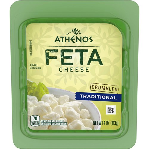<ul>
<li>1- 4.0 oz. tub of Athenos Traditional Crumbled Feta Cheese</li>
<li>Athenos Traditional Crumbled Feta Cheese is made traditionally for authentic Greek flavor</li>
<li>This crumbled feta cheese has a great tangy flavor</li>
<li>Perfect crumbles offer convenient, mess<li>free kitchen prep</li>
<li>Made with pasteurized part-skim milk</li>
<li>Great in salads, on pizza and in Greek-inspired dishes</li>
<li>Airtight, resealable packaging helps lock in flavor</li>
</ul>