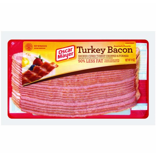 <ul>
<li>Naturally hardwood smoked for great tasting, quality turkey bacon.</li>
<li>One 12 oz. package of Oscar Mayer Smoke Cured Fully Cooked Turkey Bacon</li>
<li>Oscar Mayer Smoke Cured Fully Cooked Turkey Bacon has 58% less fat and 57% less sodium than pork bacon</li>
<li>Turkey bacon is fully cooked to help minimize kitchen prep time</li>
<li>Gluten Free</li>
<li>Use this smoky turkey bacon as a sandwich topping or seven layer salad ingredient</li>
<li>Turkey bacon is vacuum packed in a resealable package to maintain freshness</li>
<li>Keep refrigerated and use within seven days once opened</li>
</ul>
