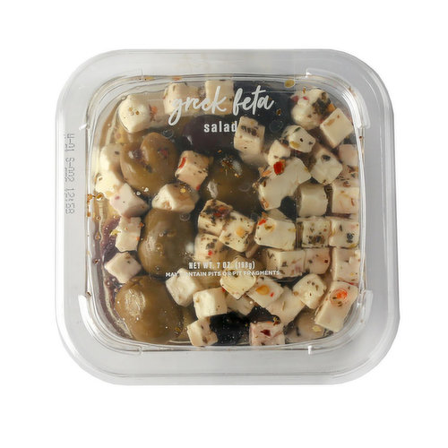 DeLallo Greek Feta Salad is a colorful medley brimming beloved Greek flavors. This ready-to-serve antipasto features black, green and smoky Calamata olives tossed with bite-sized cubes of briny feta in a savory marinade of Greek herbs.