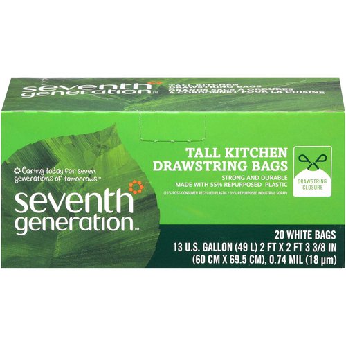 Seventh Generation Trash Bags, Kitchen Drawstring, White, Extra Strong, Tall, 13 Gallon - 20 bags