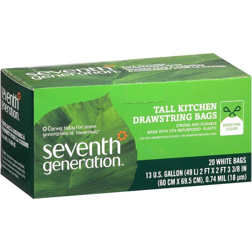 Seventh Generation Trash Bags, Kitchen Drawstring, White, Extra Strong, Tall, 13 Gallon - 20 bags