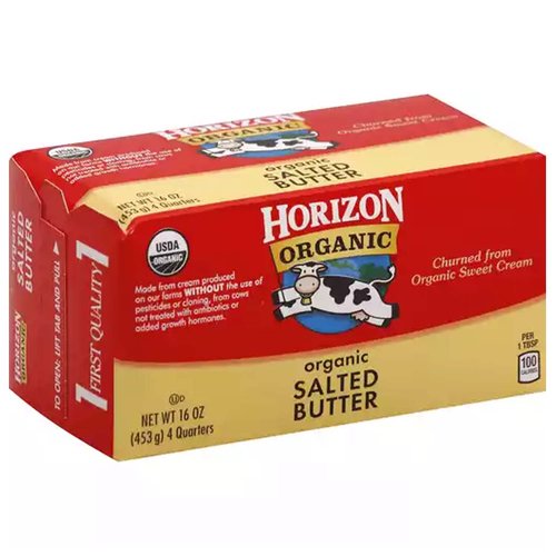 <ul>
<li>Bring the deliciousness of Horizon organic dairy to your favorite recipes with Horizon Organic Salted Butter.  Made with fresh, sweet organic cream and a touch of salt, this organic butter offers a delicious, creamy taste whether spread on a slice of toast or used in your favorite recipes.  Each box comes with four sticks of organic salted butter.  Our USDA Certified Organic butter is made with non-GMO ingredients, from cows that are given no antibiotics, no persistent pesticides, and no added hormones.  * More than 20 years ago, we became the first company to supply organic milk nationwide—and we’ve remained committed to the organic movement ever since.  Our USDA Certified Organic products are made with non-GMO ingredients, from cows that are given no antibiotics, no persistent pesticides, and no added hormones.  * We strive to do good by our cows, too: they spend much of their time out in the pasture where they feel most at home, and graze on a diet that includes organic grass.  It’s all part of our commitment to making better choices for ourselves, our cows, and our planet.  *No significant difference has been shown between milk from rbST-treated & non rbST-treated cows.</li>
<li>More than 20 years ago, we became the first company to supply organic milk nationwide—and we’ve remained committed to the organic movement ever since.  Our USDA Certified Organic products are made with non-GMO ingredients, from cows that are given no antibiotics, no persistent pesticides, and no added hormones.  * We strive to do good by our cows, too: they spend much of their time out in the pasture where they feel most at home, and graze on a diet that includes organic grass.  It’s all part of our commitment to making better choices for ourselves, our cows, and our planet.  *No significant difference has been shown between milk from rbST-treated & non rbST-treated cows.</li>
</ul>