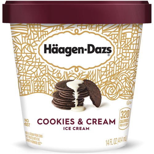 <ul>
<li>HAAGEN-DAZS Cookies & Cream Ice Cream is made with rich, chocolaty cookies and creamy vanilla ice cream to help craft a legendary taste, available in a 14-oz. container</li>
<li>Made with the finest of ingredients, including: cream, cane sugar, skim milk, egg yolks, vanilla extract</li>
<li>HAAGEN-DAZS ice cream uses milk and cream from cows not treated with the growth hormone rBST* *No significant difference has been shown between milk from rBST treated and non-rBST treated cows</li>
<li>Transported using a chilled shipping method to arrive frozen</li>
<li>Take a moment to indulge your senses with a sweet reward that's under every lid</li>
</ul>