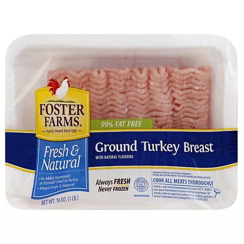 <ul>
<li>Foster Farms Ground Turkey Breast with Natural Flavoring</li>
<li>99% Fat Free</li>
<li>Fresh & Natural</li>
<li>No Added Hormones or Steroids used in Turkey</li>
<li>Always Fresh, Never Frozen</li>
<li>Inspected & Passed by U.S Department of Agriculture</li>
<li>Cook all meats thoroughly</li>
<li>Keep Refrigerated</li>
</ul>