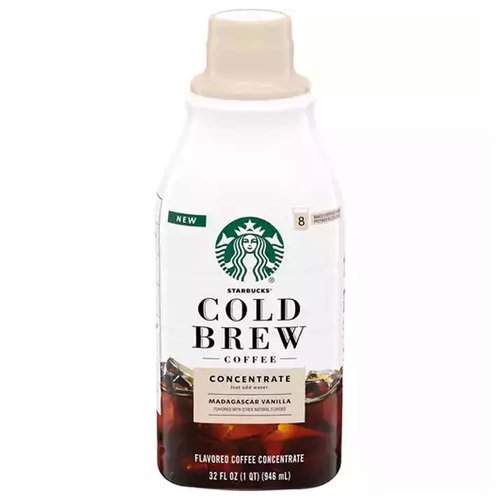 <ul>
<li>100% arabica coffee medium roast.</li>
<li>Our Cold Brew. Your Kitchen. The super-smooth Starbucks Cold Brew you love is easy to make at home. We've cold-steeped our custom blend of coffee with a hint of creamy vanilla flavor to create this rich concentrate. Just add water and you're done.</li>
<li>Makes 8 servings when prepared as directed.</li>
</ul>