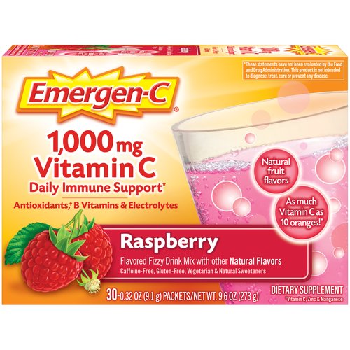 <ul>
<li>Includes 30 individual serving-size packets (0.32 oz. each) of Emergen-C Raspberry flavor fizzy drink mix</li>
<li>Each serving delivers 1,000 mg of Vitamin C-more than 10 oranges (1)</li>
<li>Daily dietary supplement is made with natural flavors and contains no artificial sweeteners</li>
<li>Helps support the immune system with Vitamin C and other antioxidants (2) with B Vitamins and electrolytes</li>
<li>Vitamin drink mix is a powder that dissolves quickly in water; it's fizzy, refreshing and caffeine-free</li>
</ul>