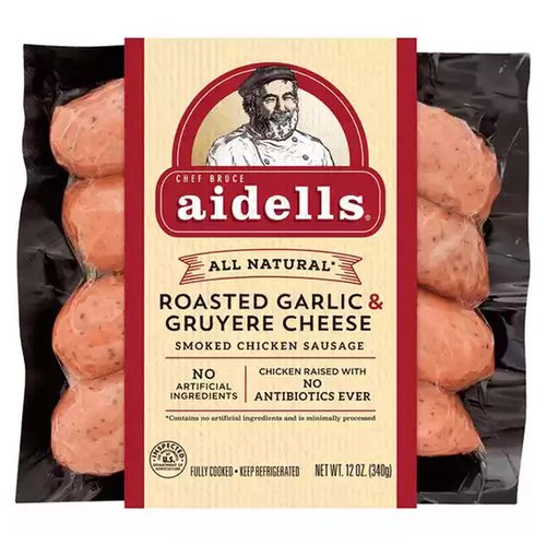 <ul>
<li>One 12 oz. package of 4 fully cooked dinner sausage links</li>
<li>Made with whole roasted garlic cloves and real Gruyere and Swiss cheese</li>
<li>Hand-stuffed in natural casings and slow smoked over real hardwood chips</li>
<li>All-natural, minimally processed chicken with no artificial ingredients</li>
<li>No fillers, binders, or nitrites except those naturally occurring in celery powder</li>
<li>Gluten-free</li>
</ul>
