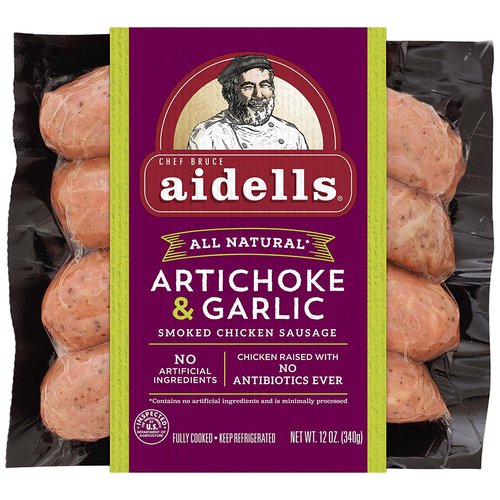 Transport yourself to the Mediterranean coast with Aidells Artichoke & Garlic Smoked Chicken Sausage.  Filled with tender artichoke hearts and roasted garlic, this all-natural* chicken sausage is rich and savory with a hint of acidity from real sun-dried tomatoes.  Toss with Kalamata olives, feta, and orzo pasta for a flavorful, Mediterranean-inspired meal.  Our Artichoke & Garlic sausage is gluten-free and has no added nitrites, except for those naturally occurring in celery powder.  For over 30 years, Aidells chicken sausages have been handcrafted in small batches with care using only the freshest, most flavorful ingredients we can find. Our all-natural* sausages are stuffed by hand in natural casings with no fillers or binders and slow-smoked for hours over real hardwood chips for that snap we love.  Though Aidells has grown over the years, we still believe in doing things the way we always have: with extraordinary care and passion.  *Minimally processed, no artificial ingredients.