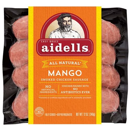 <ul>
<li>One 12 oz. package of 4 fully cooked dinner sausage links</li>
<li>Made with chunks of real mango and sweetened with fruit juice</li>
<li>Hand-stuffed in natural casings and slow smoked over real hardwood chips</li>
<li>All-natural, minimally processed chicken with no artificial ingredients</li>
<li>No fillers, binders, or nitrites except those naturally occurring in celery powder</li>
<li>Gluten-free</li>
</ul>