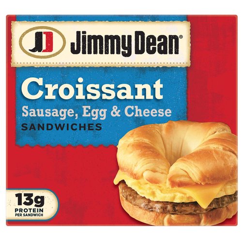 <ul>
<li>One package of 4 individually wrapped breakfast sandwiches</li>
<li>Excellent source of protein-13 grams per serving</li>
<li>Features savory sausage, fluffy eggs, and melty cheese on a buttery croissant</li>
<li>Made with real ingredients</li>
<li>Ready in minutes and easy to prepare</li>
<li>Simply heat in the microwave and serve</li>
<li>A delicious breakfast for at home or on-the-go</li>
</ul>